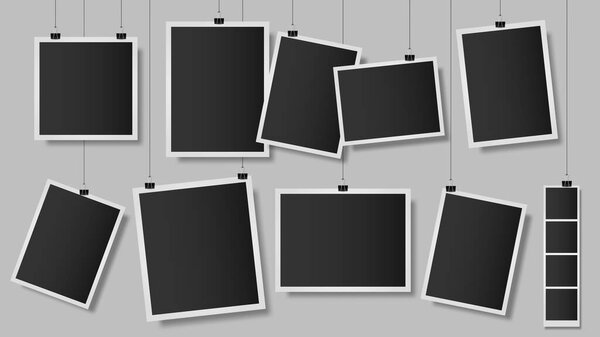 Фотографии на вырезках. Фоторамка на стене, винтажный пустой фотошаблон, висячий моментальный фотоальбом. Изолированная векторная иллюстрация
