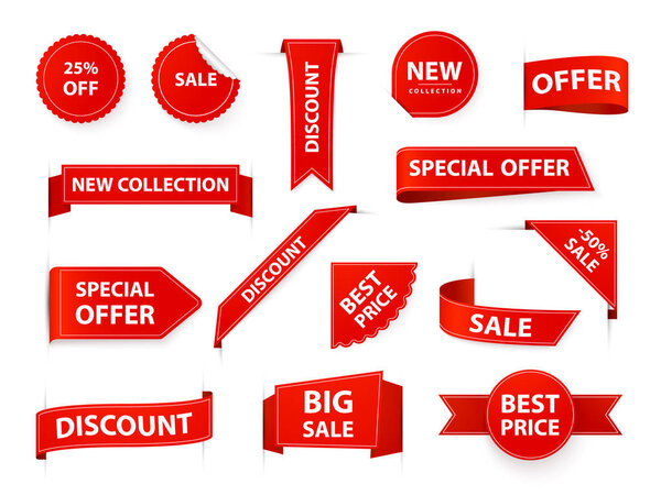 Метки на этикетке. Рэперские ценники, красные флаги рынка, ярлыки и дубинки лучше всего предлагают розничные и маркетинговые компании. Набор векторных иллюстраций шаблонов стикеров покупок
