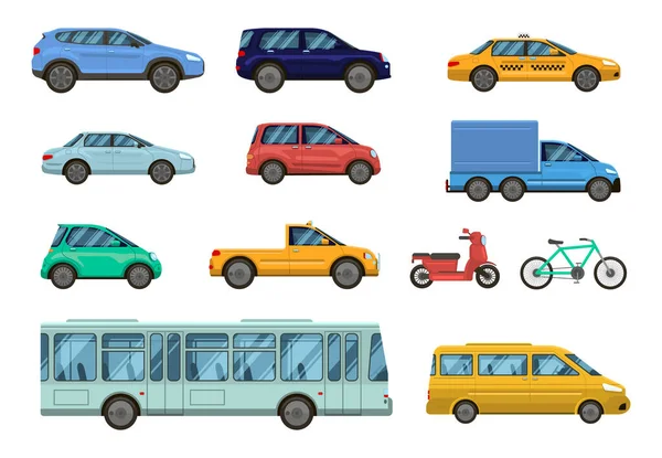Vervoer voertuig. Openbare auto 's, taxi, stadsbus en motor. Stedelijk vervoer over de weg, geïsoleerde verzameling van auto 's — Stockvector