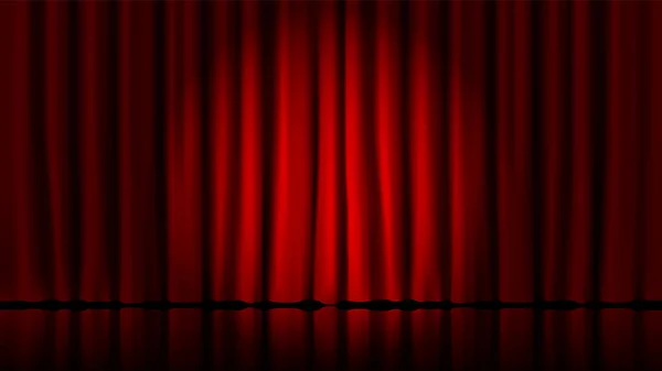 Stage curtains light by searchlight. Realistic theater red dramatic curtains, spotlight on stage theatrical classic drapery vector template illustration — Stock Vector