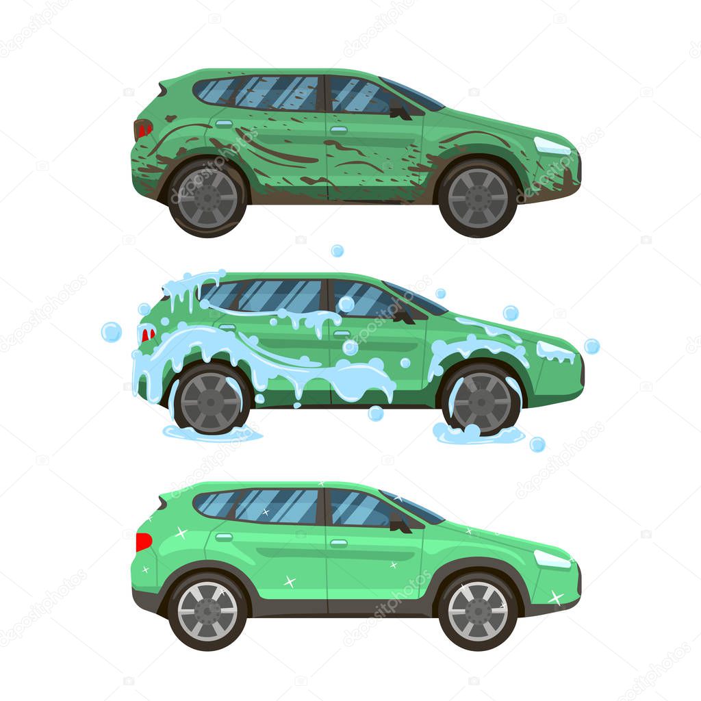 Dirty car wash. Messy city traffic automobile, steps of cleaning car wash from dirty and muddy to neat and clean vector isolated illustration set
