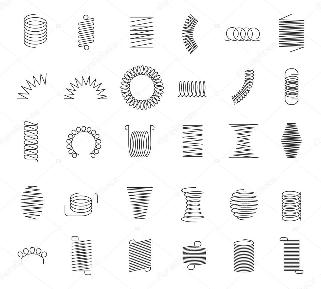 Metal spiral spring. Metallic coils, motor machine spiral sign, wire springs and steel curved flexible coils. Linear spirals silhouette isolated vector industrial twisted icons set