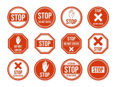 Yol tabelası. Trafik durdurma sembolü, tehlikeli, kısıtlı şehir ve otoyol sembolleri, uyarı yön işaretleri izole edilmiş vektör simgesi