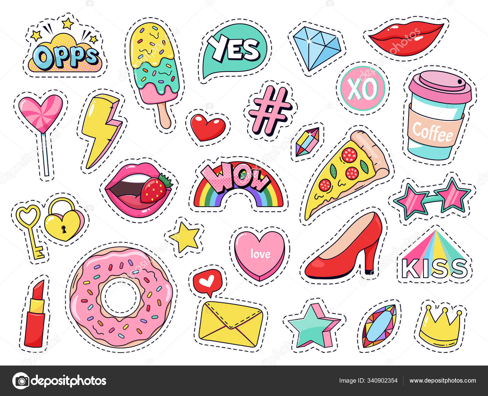 Fashion patches. Comic doodle girl badges, teenage cute cartoon stickers  with funny food, pizza and donut, red lips and gems isolated vector  illustration set Stock Vector Image by ©@ #340902354