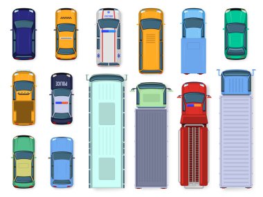 Araba manzarası. Sokak aracı motor çatı görüntüleme, trafik arabaları, belediye otobüsü, ambulans ve kamyon, kamu ve sivil taşımacılık izole vektör ilüstrasyon seti
