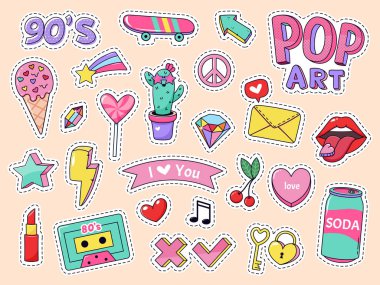 Moda pop sanat yapıştırmaları. Kızlar şirin rozetler, rujlu ergen yamaları karalamak, şirin yemekler ve 90 'ların öğeleri, retro-sticker vektör çizim simgesi seti
