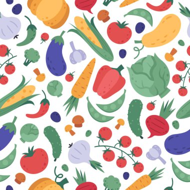 Sebzeler dikişsiz desen. Karikatür vejetaryenleri renkli sebze paketleme, karikatür doğal ürünler vegan kumaş veya yemek menüsü tasarımı. Organik sebze vektör arkaplanı