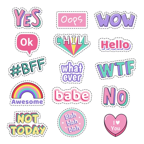 Tiener speech patch stickers. Meisjes mode grappige tekst patches. Oeps, Wow, Omg schattige doodle tiener pop art sticker, vector illustratie pictogram set — Stockvector