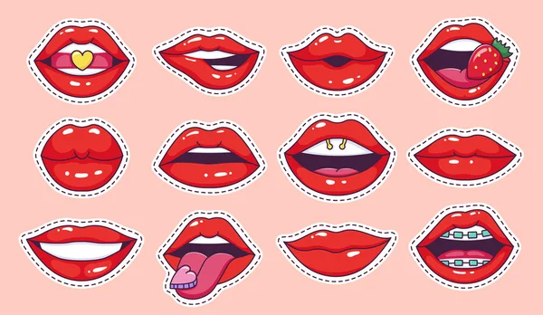 Lábios pop arte adesivos. Cool vintage comic girl lips stickers, patch de desenho animado adolescente, lábios doces com cereja brilhante batom vetor ilustração ícone conjunto — Vetor de Stock