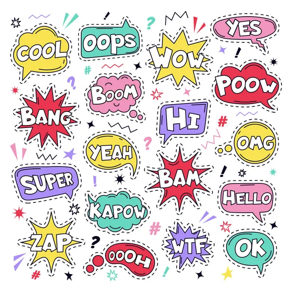 Tekstopdruk stickers. Speech komische grappige tekst patch stickers, Cool, Bang en Wow doodle komische spraak wolken, denken bubbels en strips woorden vector illustratie pictogram set — Stockvector