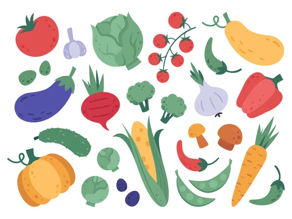 Sayuran buatan tangan. Sayuran pertanian, produk alam kartun, makanan segar dan vitamin vegetarian. Doodle vektor sayuran organik set ilustrasi - Stok Vektor