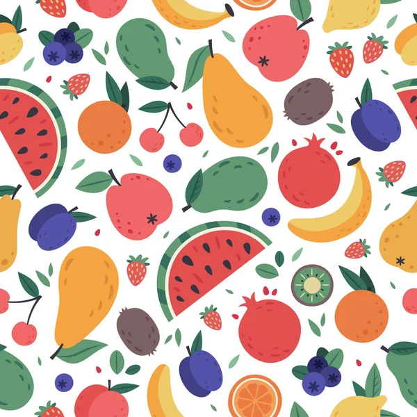 Patrón de frutas sin costura. Frutas de garabato dibujadas a mano, papel de envolver, tela vegana o menú de comida vegetariana, sandía, mango, plátano y fresa vector fondo colorido — Archivo Imágenes Vectoriales