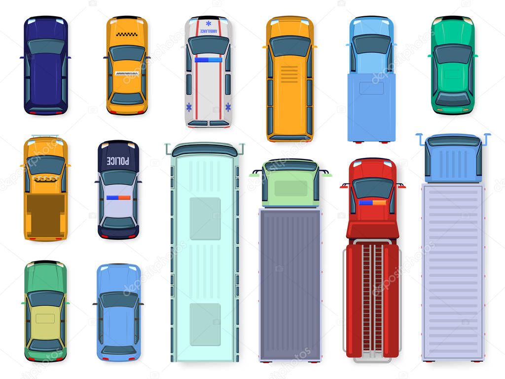Car top view. Street vehicle engine roof viewing, traffic cars, city bus, ambulance and truck, public and civil transport isolated vector illustration set