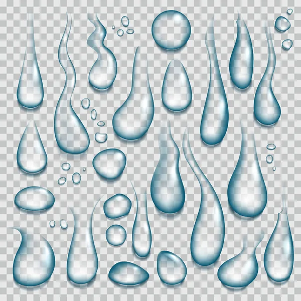 Gota de agua realista. Gotas puras transparentes, salpicaduras de lágrimas y gotas de claridad 3d vector conjunto — Vector de stock