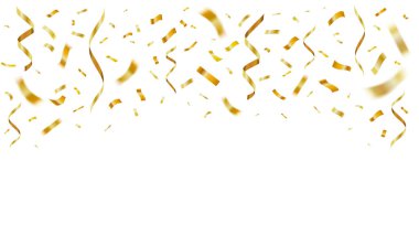 Gold shiny realistic confetti. Celebration golden confetti party decor, paper flying anniversary celebrating. Festive falling ribbon splash vector isolated illustration