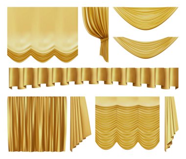 Golden stage curtains. Realistic interior luxury gold velvet curtains, gold royal silk decorative elements vector illustration set