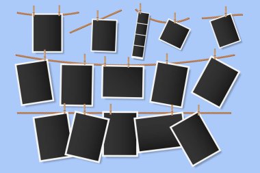 Photographs on clothespins. Hanging snapshots on rope, vintage empty photograph template, scrapbook album photos, photo memories isolated vector illustration