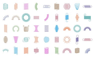 Metal curved spring. Wire springs, mechanical curved steel flexible coils, engineering motor spirals silhouette. Metallic coils icons isolated vector set clipart
