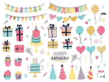 Party celebration hand drawn elements. Greeting birthday party card details, balloons, garlands, cupcakes, confetti and cakes. Greeting card vector isolated illustration set