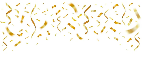 Gold shiny realistic confetti. Celebration golden confetti party decor, paper flying anniversary celebrating. Festive falling ribbon splash vector isolated illustration — Stock vektor