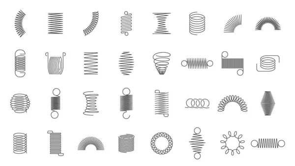 Spring coils. Metal spiral spring, car motor coil swirls silhouette, wire springs, metallic flexible coils and linear steel curved spiral elements isolated vector icons set — 스톡 벡터
