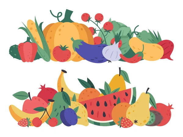 Buah dan sayuran. Makanan Doodle, tumpukan sayuran dan buah-buahan, gaya hidup sehat dan vitamin vegan diet, buah-buahan alami dan sayuran hijau diisolasi vektor ilustrasi - Stok Vektor