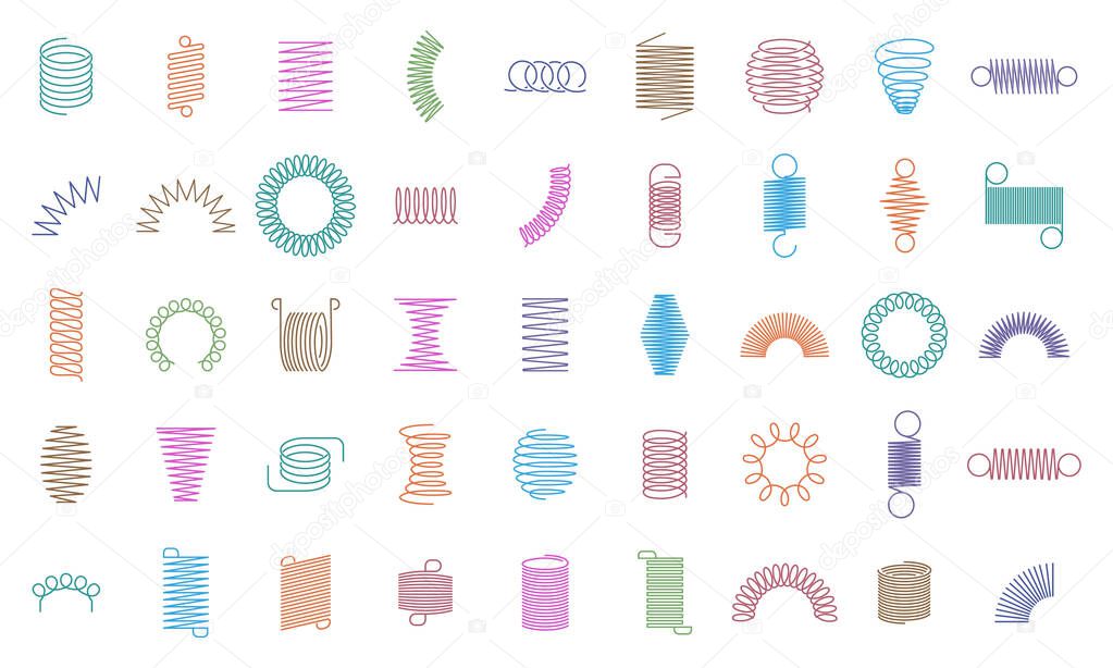 Metal curved spring. Wire springs, mechanical curved steel flexible coils, engineering motor spirals silhouette. Metallic coils icons isolated vector set