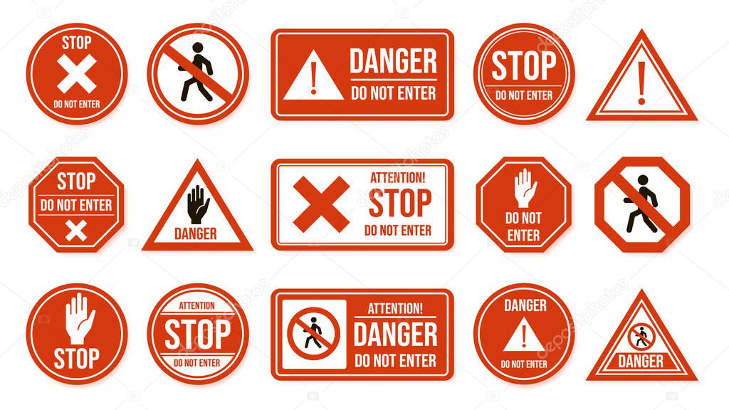 Traffic stop signs. Do not enter, warning traffic road sign. Stop, no admittance, prohibitory character street driving directions vector isolated icon set