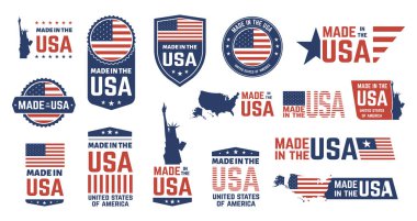 Made in USA badges. Patriot proud label stamp, American flag and national symbols, united states of America patriotic emblems vector icon set