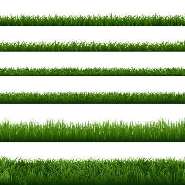 Realistic grass borders. Green garden herb plants, landscape fresh lawn elements, lush meadow gardening foliage vector isolated icons set