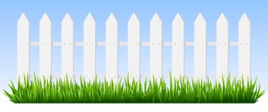 Realistic wooden fence. Green grass on white wooden picket fence, sunshine garden background, fresh plants border hedge vector illustration