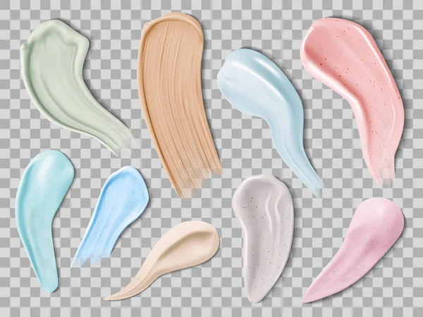 Skin cream swatching. Realistic scrub, lotion, and face mask sampling. Cosmetic swatches for face and body vector illustration — ストックベクタ