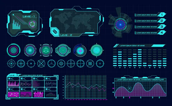 Holograma futurista ui. Interfaz gráfica de infografía, marcos hud virtuales y regulador de barras digitales, conjunto de iconos vectoriales de botones de holograma científico — Vector de stock