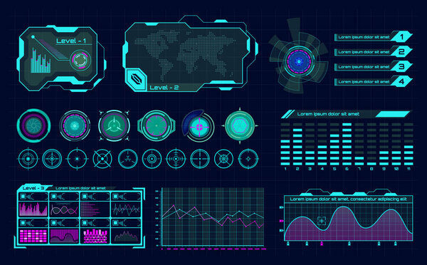 Futuristic hologram ui. Infographic graph interface, virtual hud frames and digital bar regulator, science hologram buttons vector icons set