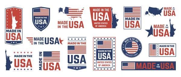 Made in USA label. American flag emblem, patriot proud nation labels icon and united states label stamps vector isolated symbols set — Stok Vektör