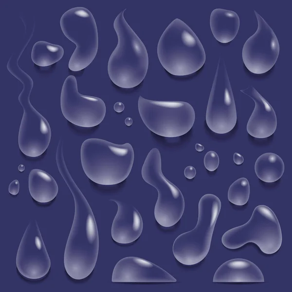 Waterdruppels. Realistische druppel zuiver water, regendruppels en spatten, tranen van verschillende vormen vector illustratie set — Stockvector