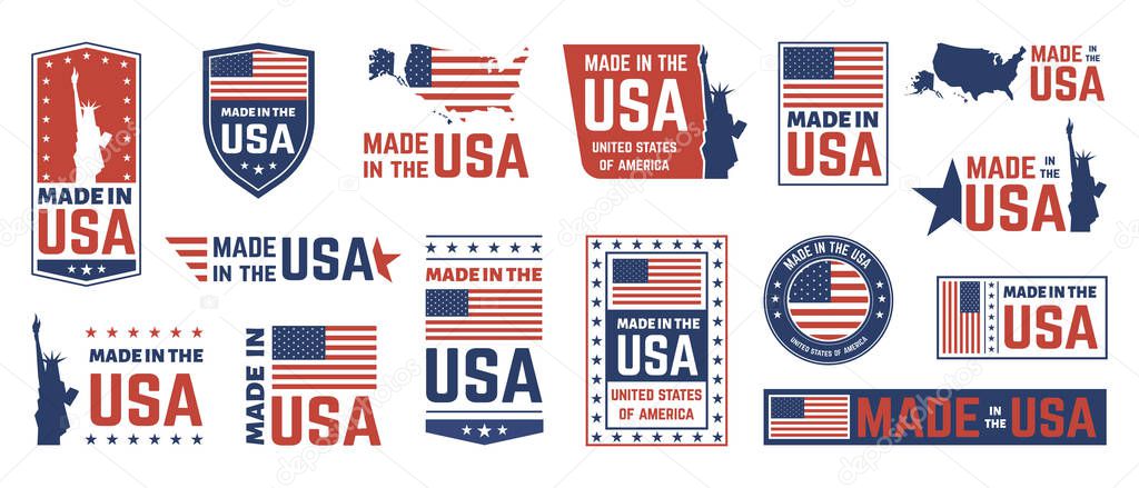 Made in USA label. American flag emblem, patriot proud nation labels icon and united states label stamps vector isolated symbols set
