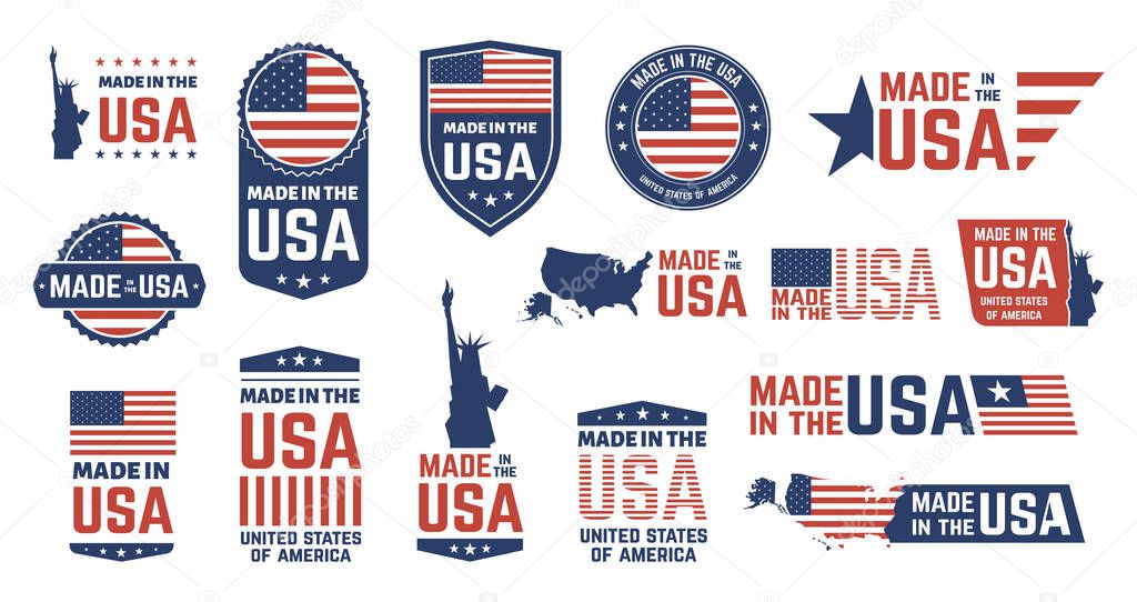 Made in USA badges. Patriot proud label stamp, American flag and national symbols, United States of America patriotic emblems vector set. US product stickers, national independence day 4th july badges