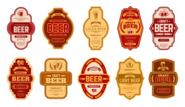 Bira mahsulü etiketler. Retro bira imalathanesi rozetleri, alkol zanaat vintage bira kutusu veya şişe sembolleri vektör izole illüstrasyon seti