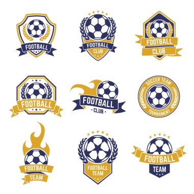 Futbol takımı etiketleri. Futbol kulübü logosu, spor ligi şampiyonluğu çıkartmaları, futbol kupası amblemleri izole edilmiş vektör simgeleri.