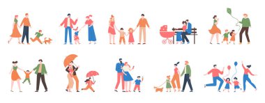 Aile yürüyüşü. Dışarıda yaşayan akrabalar, anne, baba ve çocuklar yürüyüş yapıyor, birlikte eğleniyorlar, şirin aile çizimi setinin aktif yaşam tarzı.