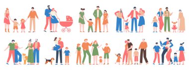 Aile grupları. Aşk aile portreleri, geleneksel aileler, anne, baba, mutlu çocuklar, farklı nesiller karakter çizimleri.