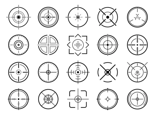 Puntero de puntería de francotirador. Navegación de objetivos, cursor de marca de arma de francotirador, visión militar de enfoque diferente y tiro de ojos enfocado apunta a símbolos vectoriales conjunto — Archivo Imágenes Vectoriales