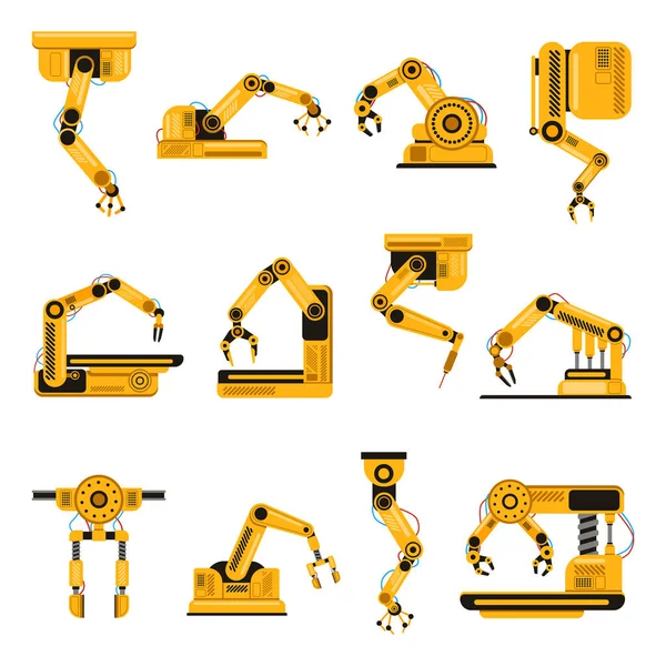 Robotic arms. Manufacturing industry mechanical robot arm, machinery technology, factory machine hands isolated vector illustration set — Stock Vector