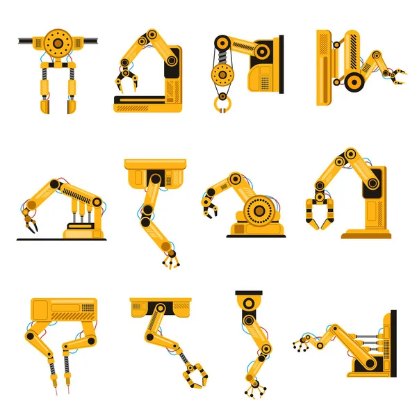 Vyrábějící robotí zbraně. Automation equipment, factory robots arm tools, manufacture mechanical science equipment hand vector illustration set — Stockový vektor