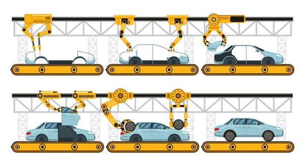 Automobilmontage. Fabrik Auto Montage Förderband, Fertigung Roboterarme Automotive, industrielle Automatisierung Prozess Vektor Illustration Set — Stockvektor
