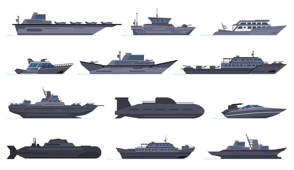 Katonai hajók. Harci csónak, rakétahajó, biztonsági hajó, modern hadihajó és tengeralattjáró, hadihajó vektor ikonok beállítva — Stock Vector
