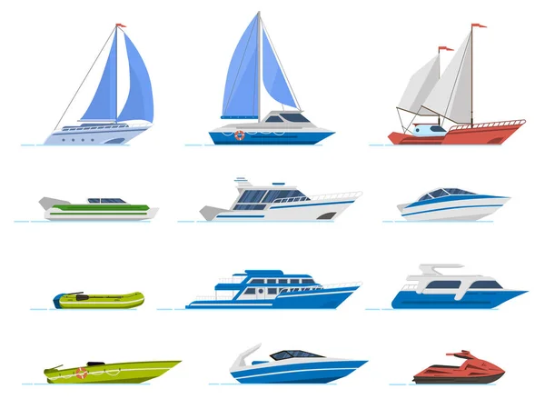 Resor yacht och motorbåt. Kryssningsbåtar, lyx yacht ångfartyg och speed boat, transport för havsvatten isolerad vektor illustration set — Stock vektor