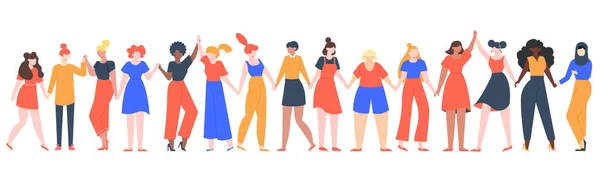 Kvinnlig vänskapsgrupp. Olika kvinnliga laget står tillsammans, hålla händer, flickor makt, multinationellt systerskap gemenskapen vektor illustration — Stock vektor