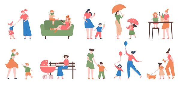 母亲和儿童。年轻快乐的妈妈和孩子，女儿和儿子，一起玩耍，一起读书，一起做饭，为人母的爱情画图集 — 图库矢量图片